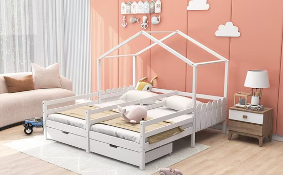 ODIKALO Kinderbett Doppelbett, Gitterbett m. 2 Schubladen auf Rollen, Lattenrost Kiefer