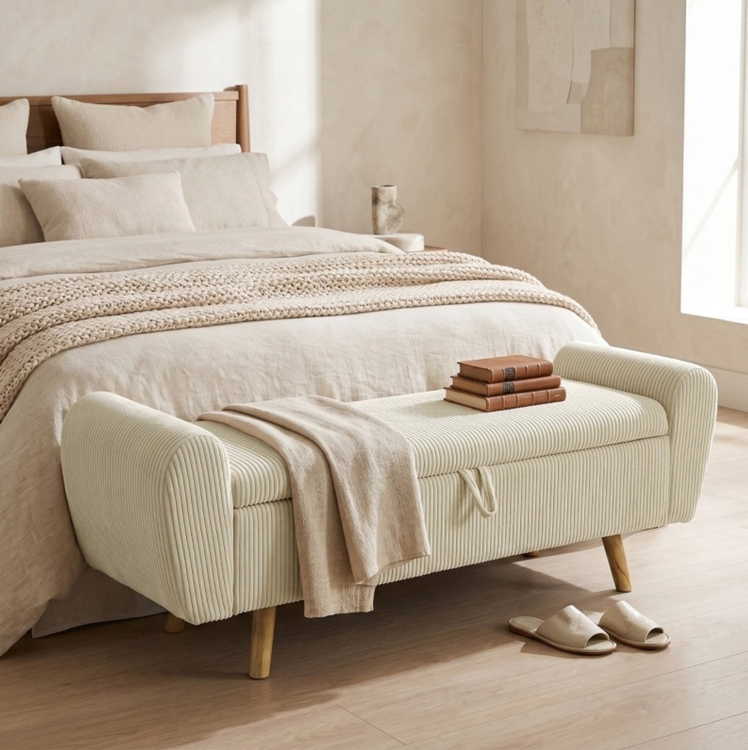 DESMIU Bedbank met opbergruimte en trekhandgreep, 2-zits, Beige