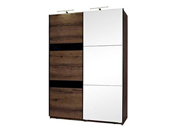 Schwebetürenschrank Reton SZ150 R12 mit Selbstschließsystems Garderobeschrank Kleiderschrank Schlafzimmerschrank (Monastery Eiche / Monastery Eiche + Schwarz Hochglanz, mit Beleuchtung / mit Spiegel)