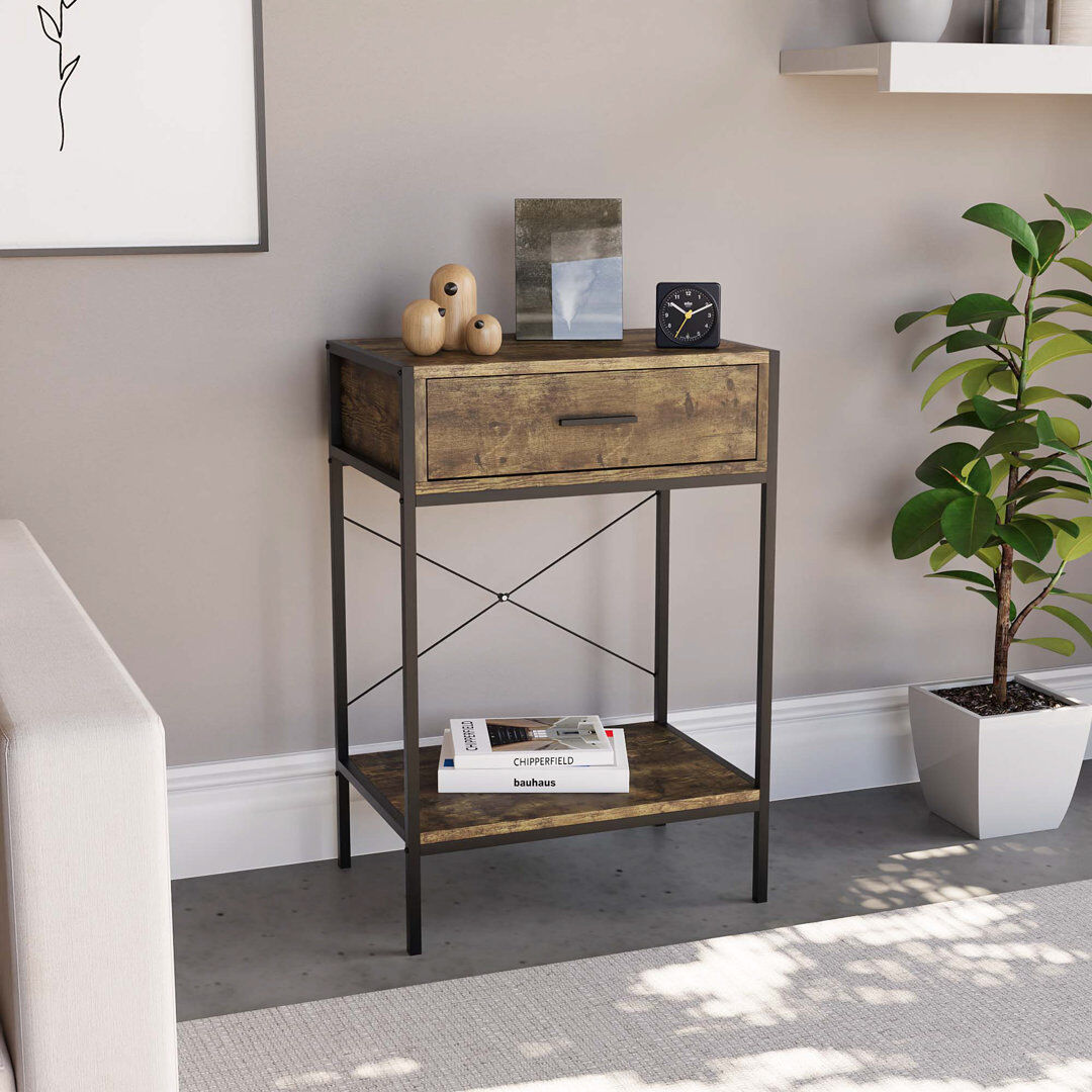 Borough Wharf Sylvie 1 Drawer Industrial Console Table with Metal Legs Hallway & Living Room Furniture Dark Wood 74cm H X 50cm W X 34cm D