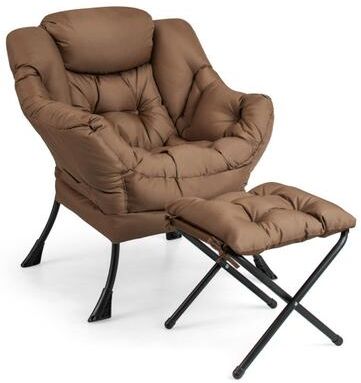 Costway Modern Accent Sofa Chair with Folding Footrest and Side Pocket-Brown