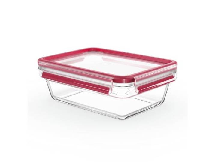 EMSA Clip & Close Glas Frischhaltedose, rechteckig, 1,3 L, 100 Prozent dicht, rutschfestes Stapeln, Glasbehälter spülmaschinen-, gefrier-, backofen-, mikrowellenfest, Rot, Transparent, N10410