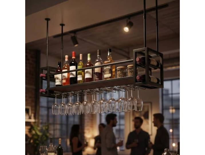 Alkmla 150CM Wand & Decke Weinregal Industriestil Hängeregal Multifuncional 3-in-1 Weinflaschenhalter aus Kohlenstoffstahl & Walnussholz, Höhenverstellbar für Küche, Home Bar, Esszimmer & Pub