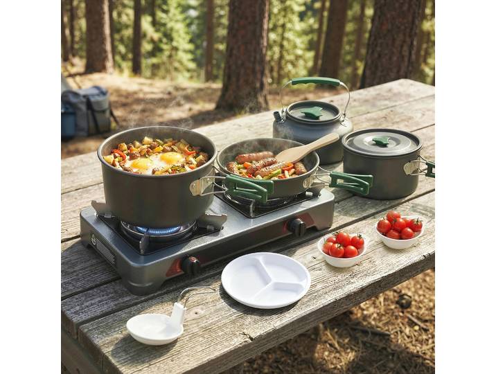 Outsunny Ensemble Casseroles Camping 4-5 Pers Aluminium Gris