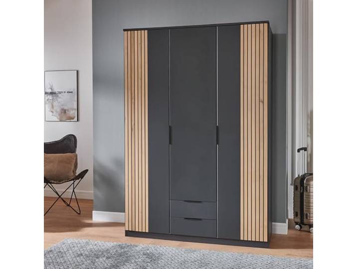 Lomadox Kleiderschrank Drehtürenschrank 135cm, Graphit mit Eiche