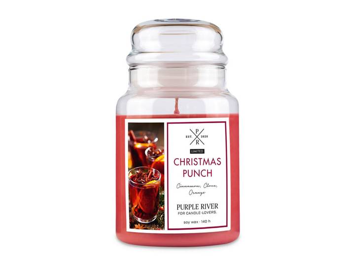 Duftkerze Weiß Christmas Punch Glas Sojawachs, Rot, Naturmaterialien, Glas, Textil, 18 cm, Dekoration, Kerzen & Kerzenhalter, Duftkerzen