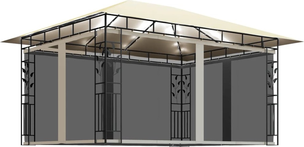 Pavillon mit Moskitonetz & LED-Lichterkette 4x3x2,73m Cremeweiß