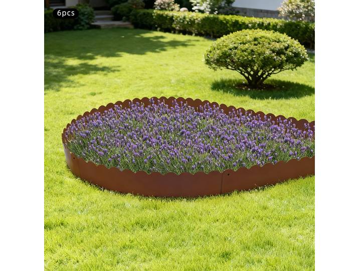 Bordure de pelouse pliable 102x25cm, kit de bordure de jardin en acier 6 pièces pour cour, patio et paysage, installation facile, marron