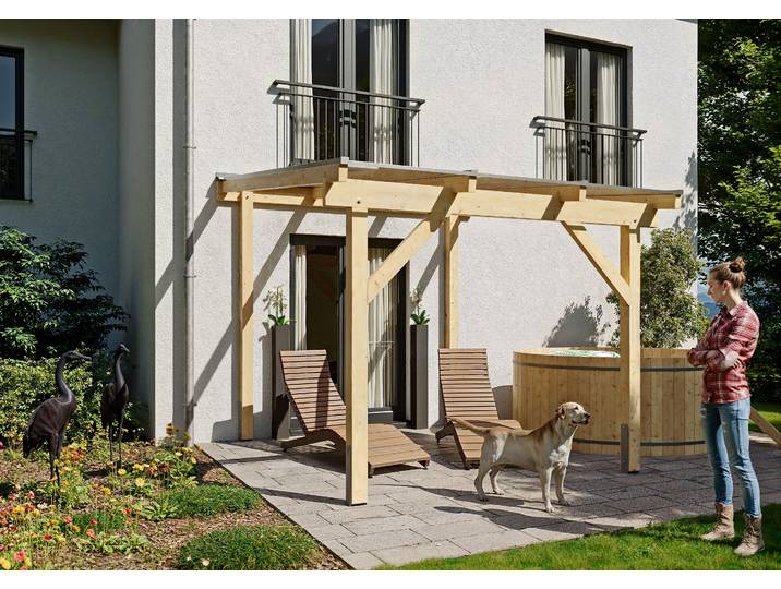 Terrassendach KONIFERA Atlas , beige (unbehandelt), B:308,4cm T:350cm, Fichtenholz, Leimholz, Polycarbonat (PC), Terrassenüberdachungen, Terrassendach, Bausatz aus naturbel. Leimholz mit lichtdurchl. Polycarbonat-Pultdach