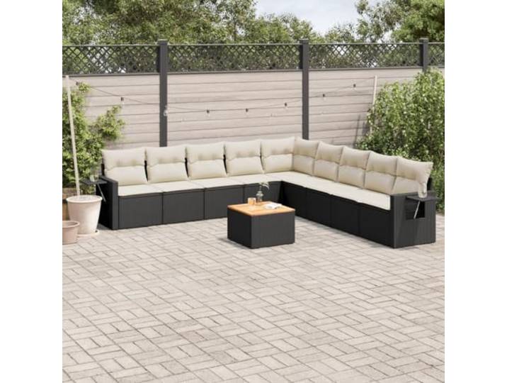 POUFGDR Gartenmöbel, 10-teilig, Schwarz, Kunstharz, geflochten Klappbarer Beistelltisch, abnehmbare Bezüge, waschbar, Akazienholz, modulares Design für den Außenbereich