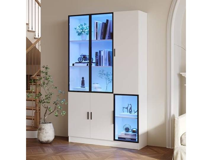 Ball & Cast Glasvitrine mit Beleuchtung & Einlegeböden - Standvitrine für Sammlungen, Wohnzimmer, Schlafzimmer & Büro, Weiß