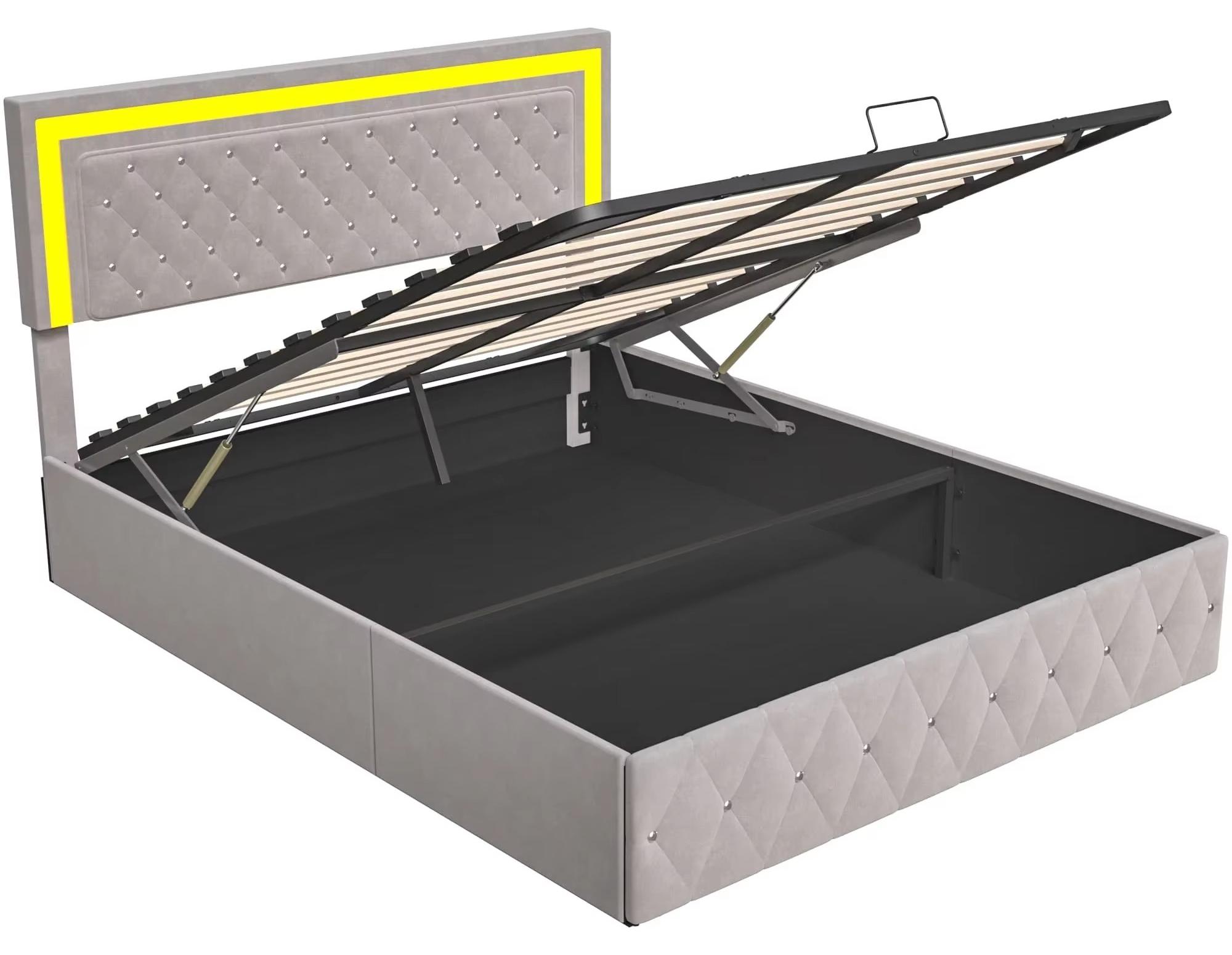 Polsterbett - Doppelbett 160 x 200 cm - Hydraulischer Bettkasten - Beige Samtbezug - Holzrahmen - Matratze nicht enthalten