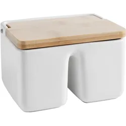 Ibili Doppelter Salzbehälter aus Keramik 15,6x11x10 cm Salzbehälter aus Keramik und Bambus Deckel, Pfeffermühle + Salzmühle, Mehrfarbig