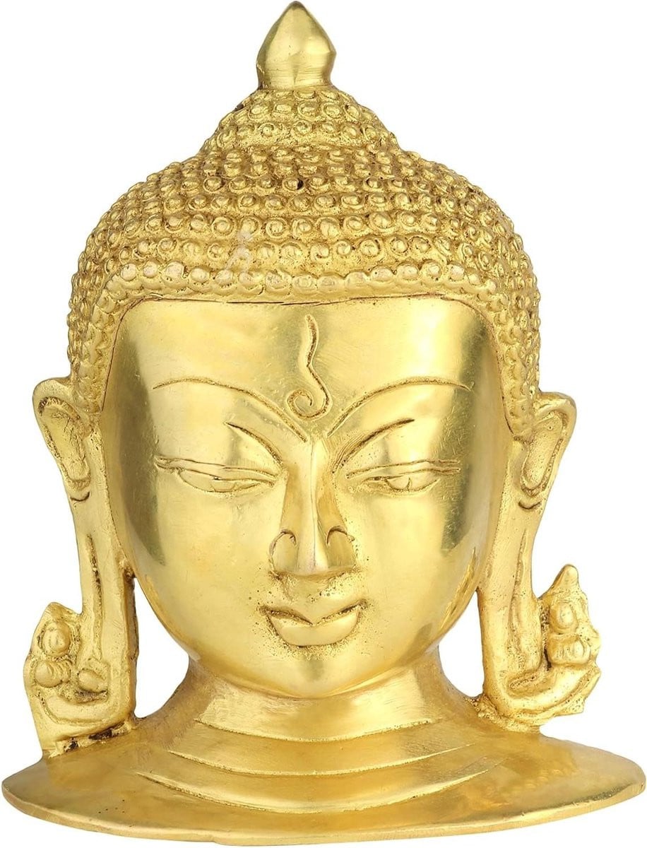Handgemaakt messing Boeddha hoofd beeld in goud, Hoogte: 16 cm