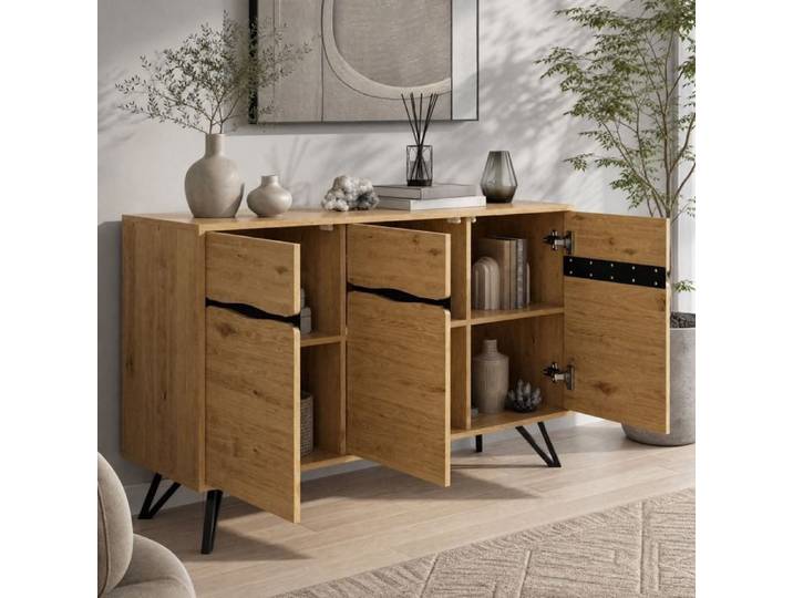 Buffet - ZEVKOR - Buffet 3 portes - Aspect bois - Pieds métal - 140 × 40 × 75 5 cm