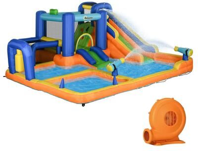 Outsunny Kids Inflatable Water Slide 7-in-1 Bounce House Water Park Jumping Castle with Water Pool, Slide, Soccer Goal