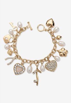 "Gold Tone Charm Bracelet Crystal and Cultured Freshwater Pearl 8"" by PalmBeach Jewelry in Crystal"