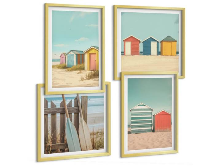 BILDER SET 4er Set - 50x50 cm & 40x60 cm Goldrahmen - Bunte Strandhäuser