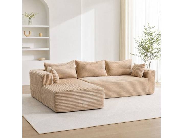 Canapé d'angle - ZEVKOR - Réversible Modulable - 2 places - Velours côtelé beige - Méridienne réversible
