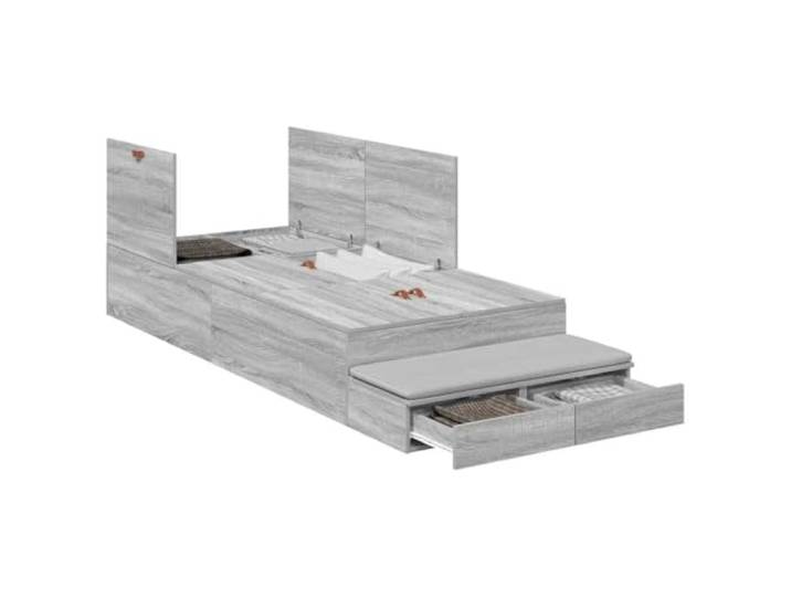 KTHLBRH Boxspringbett Grau Sonoma 90 cm mit Schubladen Mehrschichtiges Holz, modernes Design, 2 Schubladen, einfache Reinigung, für kurze Einzelbett-Matratze