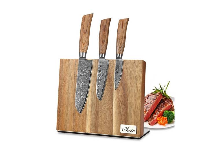 Wakoli Messer-Set Edib Pro 3er Damastmesserset I Holzbox I 8-16cm Klingen & Messerblock (Damastmesser-Set mit Messerblock, 4-tlg., 3 Damastmesser mit Messerblock), Aus 67 Lagen Damaststahl, VG-10, einseitig magn. Messerblock