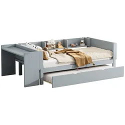 OKWISH Flachbett 90x200 cm aus Kiefernholz mit ausziehbarem Rollbett und Schreibtisch – modernes Design in Grau