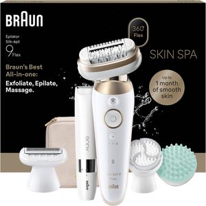 Braun Epilierer Silk-epil 9 Skin Spa Flex, SES9-481 3D, mit 6 Aufsätzen, Mini-Körpertrimmer und Tasche, weiß/gold