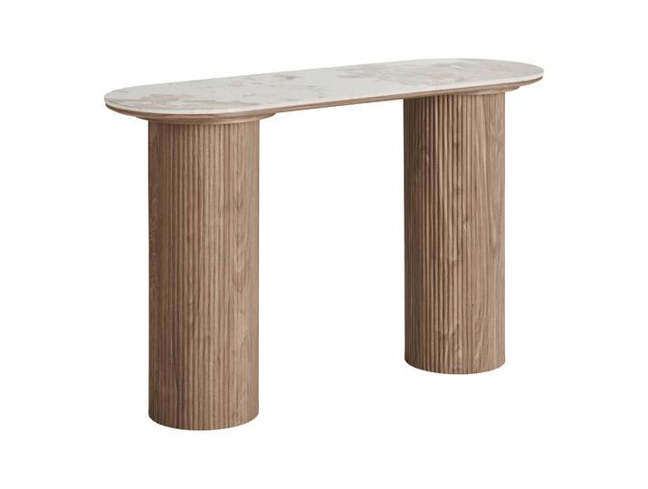 Beistelltisch Athens, Beigebraun, Keramik, Travertinoptik, oval, zylindrisch, 40x78x120 cm, Wohnzimmer, Wohnzimmertische, Beistelltische