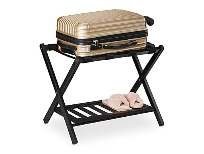 Relaxdays Porte-Valise Pliant\, Bois\, H x L x P : 54\,5 x 66 x 44\,5 cm\, 2 étagères\, Repose Bagages hôtel\, Noir