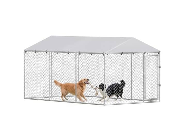PawHut Kennel Groß für Hunde, 400 x 230 x 200 cm, Silber Laufstall für Hunde, abnehmbares UV-geschütztes Dach, umkehrbare Tür, doppelter Verschluss, auslaufsicher, verzinkter Stahl