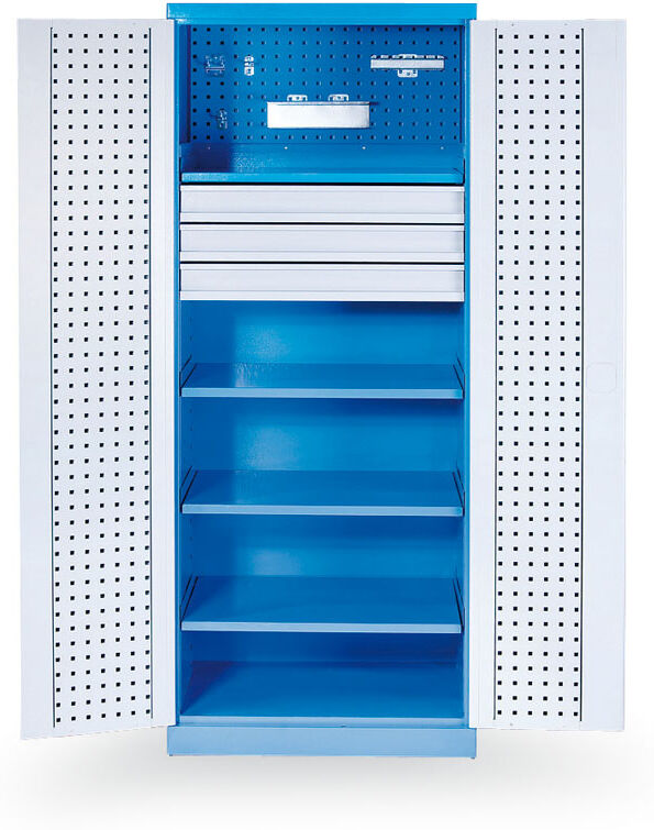 B2B Partner GÜDE Metall-Werkstatt-Werkzeugschrank, 4 Regalböden, 3 Schubladen, geschweißt, Tragfähigkeit 60 kg, 780 x 580 x 1920 mm