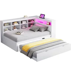 Massivholzsofa 90x200 cm mit ausziehbarem Bett, Stauraum, USB-Steckdose, LED-Beleuchtung und Regalen – modernes Schlafsofa Möbel Weiß