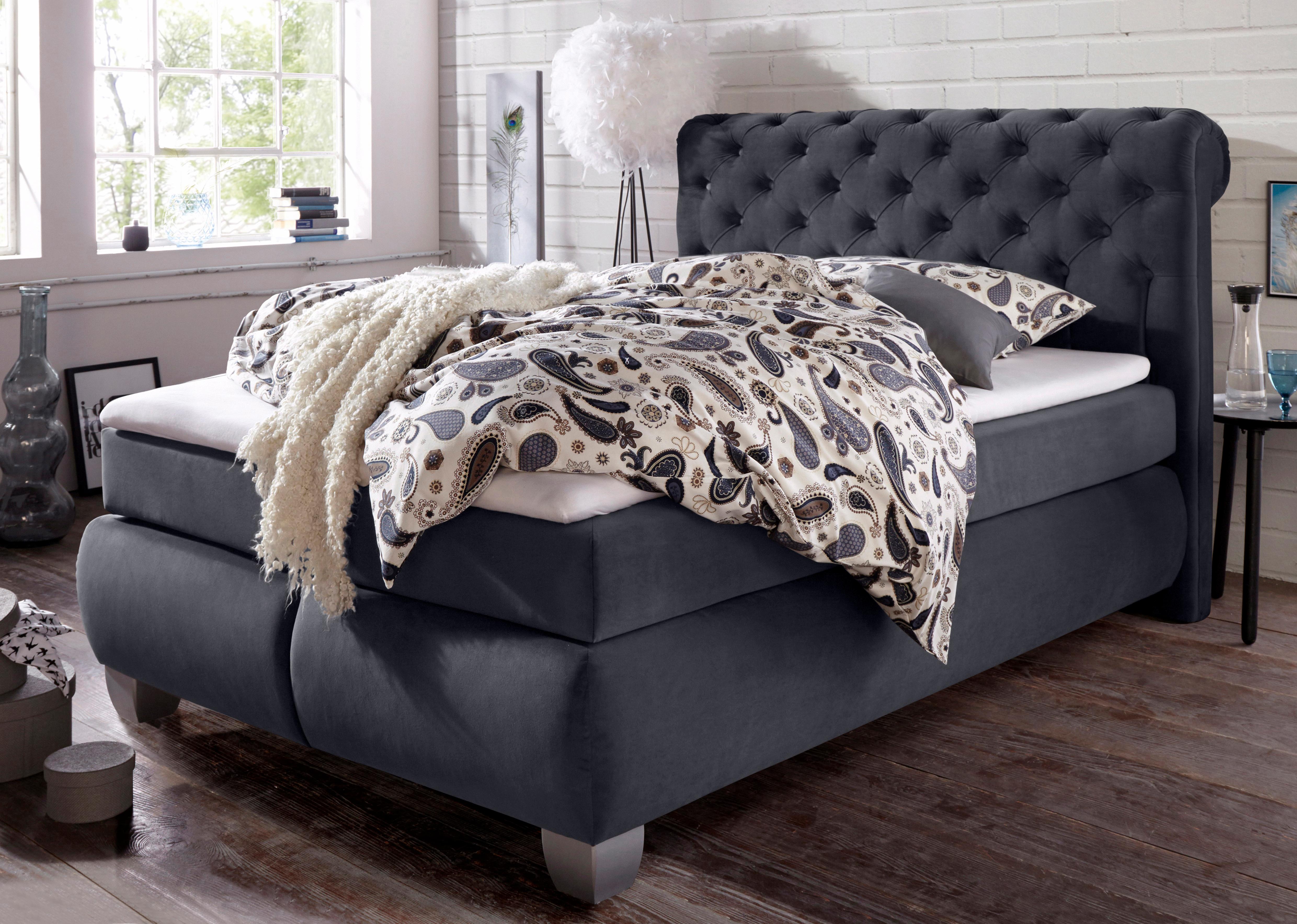 Boxspringbett HAPO, grau (anthrazit), B:194cm L:230cm, Spiegelflächen der Oberseite der Unterfederung und die Ober- und Unterseite der Obermatratze sind jeweils mit einem rutschhemmenden Stoff aus 100% Polyester bespannt.;Kopfteil, seitliche Unterbox und 