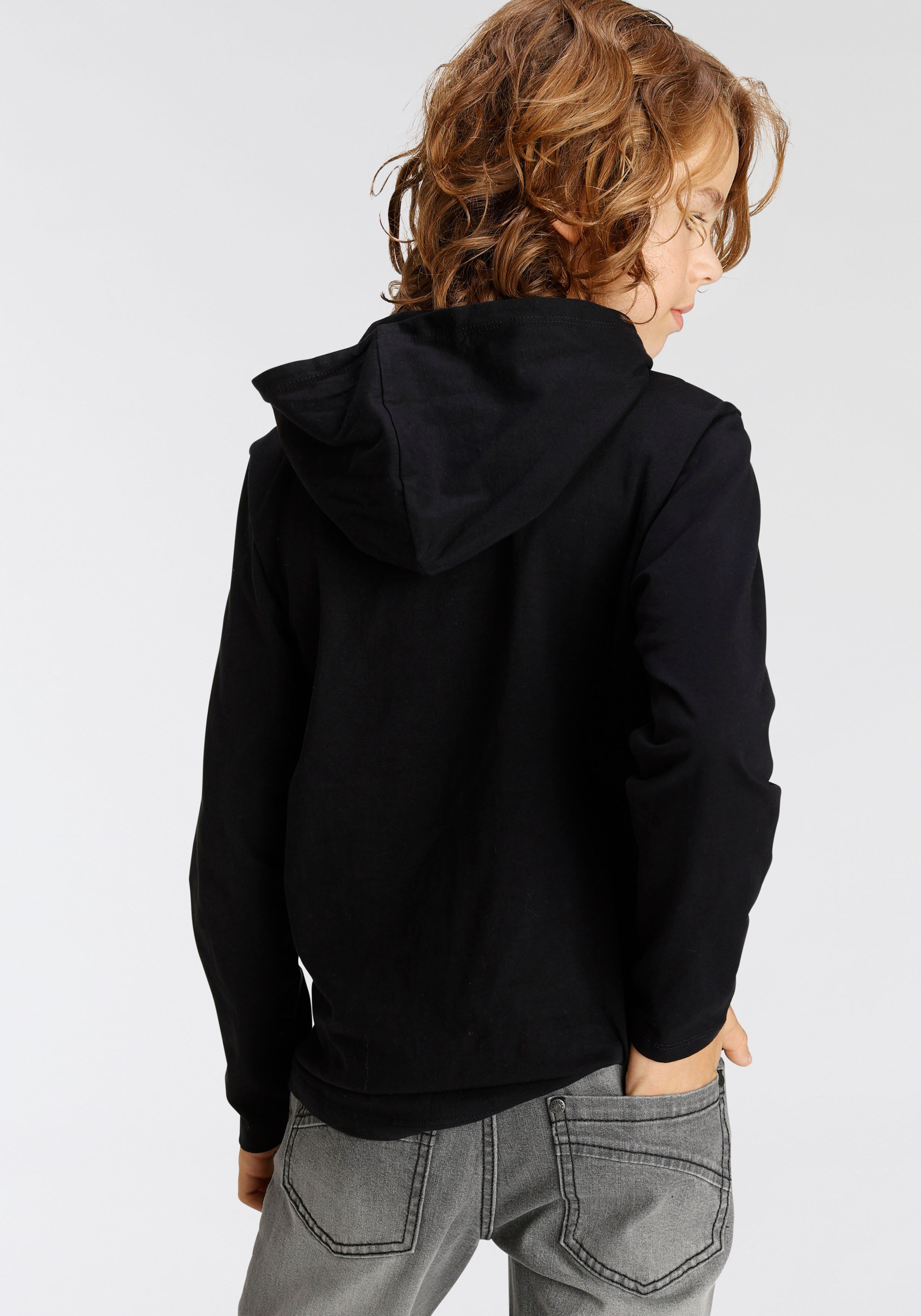 Kapuzenshirt KIDSWORLD "BIKER", Jungen, Gr. 152/158, schwarz, Jersey, Obermaterial: 100% Baumwolle, bedruckt, Basic, Shirts Kapuzenshirt, Langarm, sportlicher Stil, mit trendigem Druck, aus Baumwolle schwarz 152/158