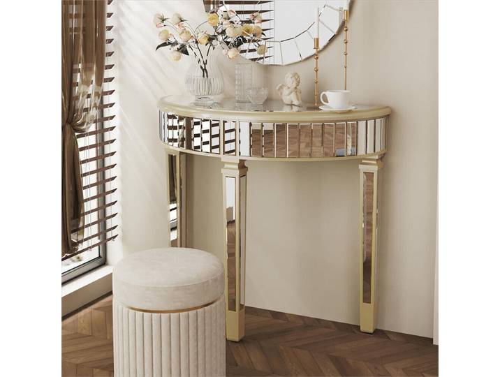 Table console miroir 90 cm, demi-lune, bordure champagne, table d'entrée étroite pour salon
