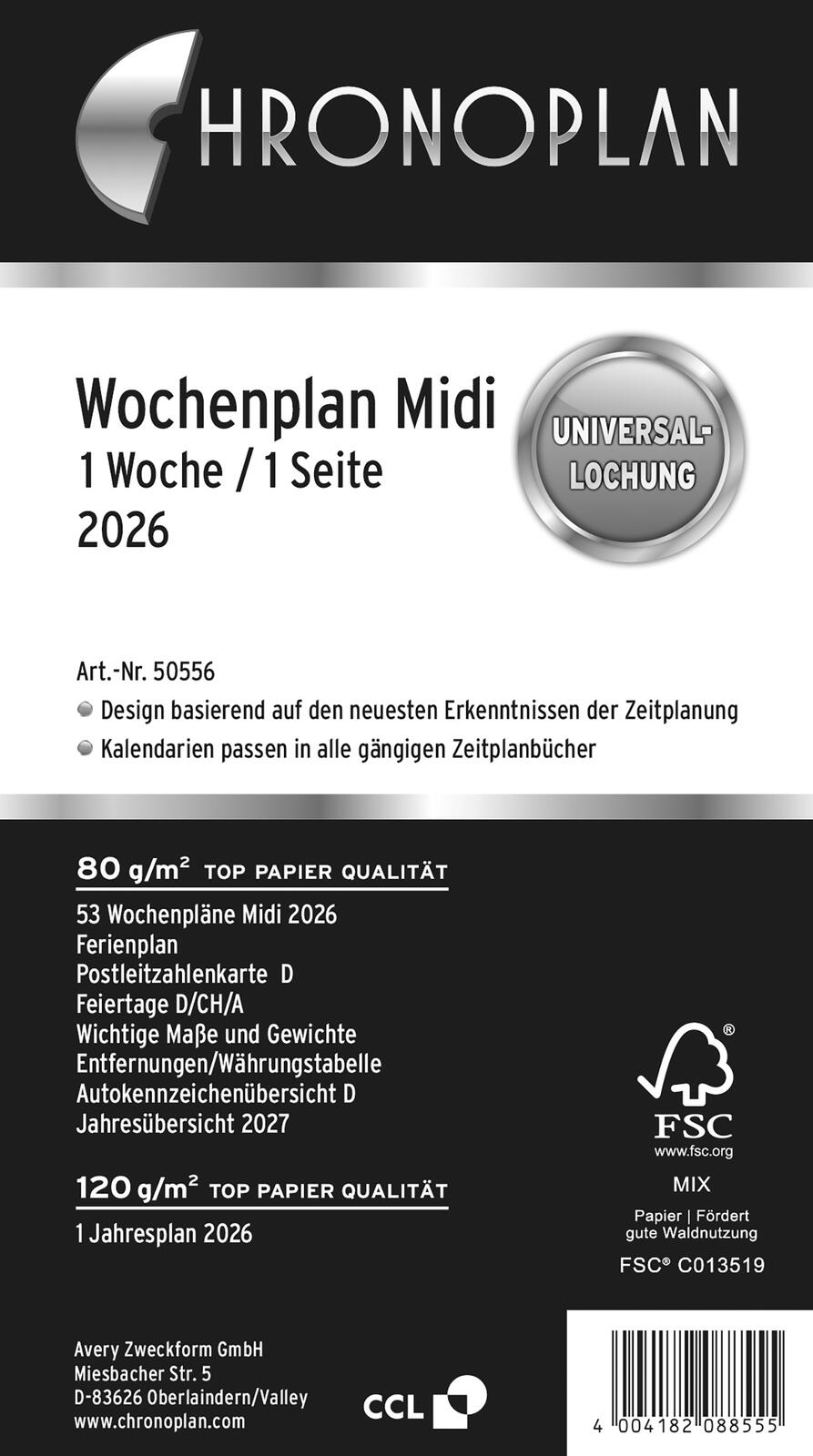 CHRONOPLAN Kalendereinlage Wochenplan Midi 2026 50556