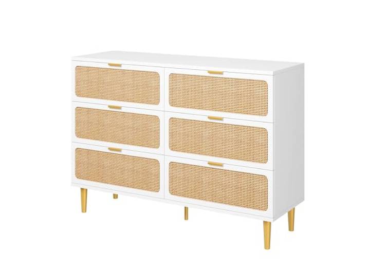 IDEALHOUSE Rattan-Kommode mit 6 Schubladen – Boho/Farmhouse Schubladenschrank aus Holz, Tiefe Schubladen, breite Ablage, für Schlafzimmer/Flur/Wohnzimmer/Kinderzimmer – Weiß