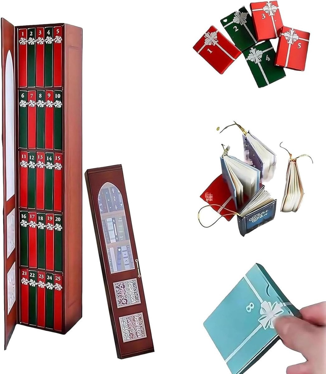 Magische Boekenplank Decoratie met 24 Miniboekjes - Rode Adventskalender voor Boekenliefhebbers