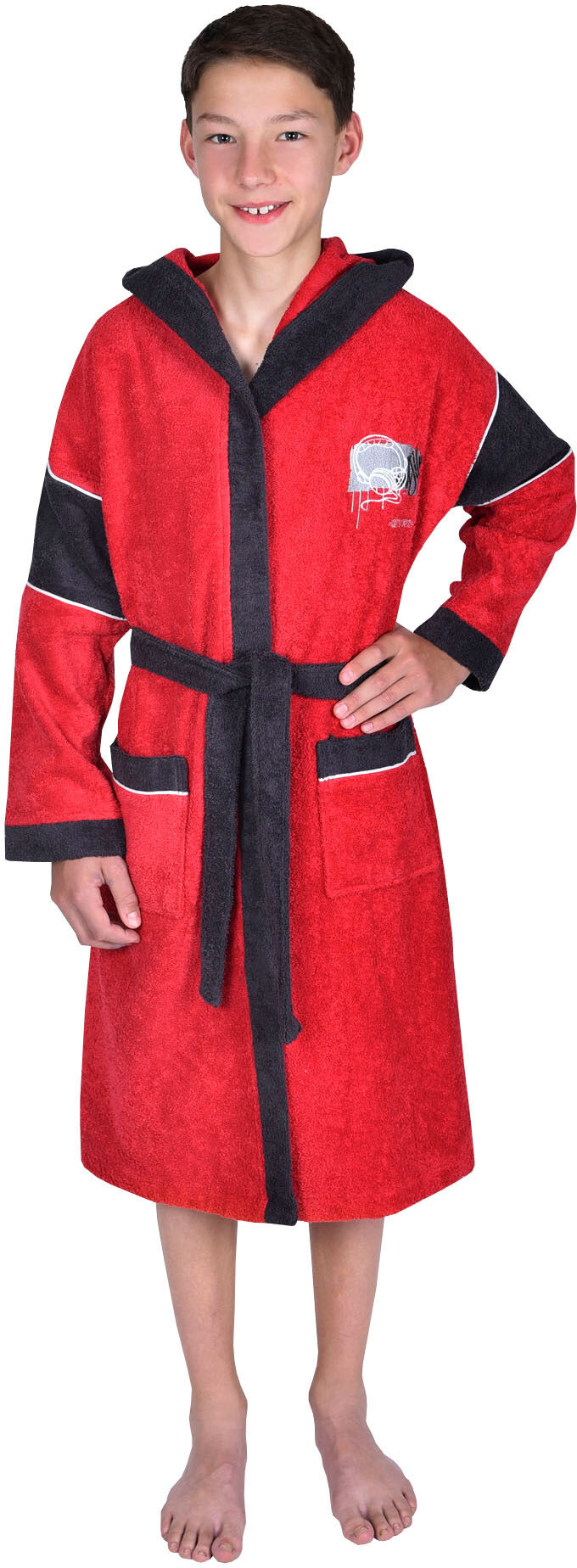 Kinderbademantel WÖRNER "Headphones" Gr. 164, rot, L:95cm, Baumwoll-Webfrottier, Hausmäntel, Kinderbademantel, mit Stickerei, mit Taschen, maschinenwaschbar, trocknergeeignet rot 164 L: 95cm