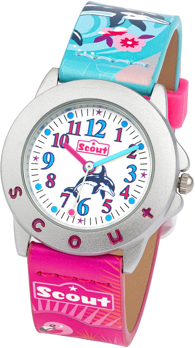 Scout Star Kids Kinderuhr analoog met turquoise roze kunstlederen band, Walvis en Flamingo motief en kwartsuurwerk