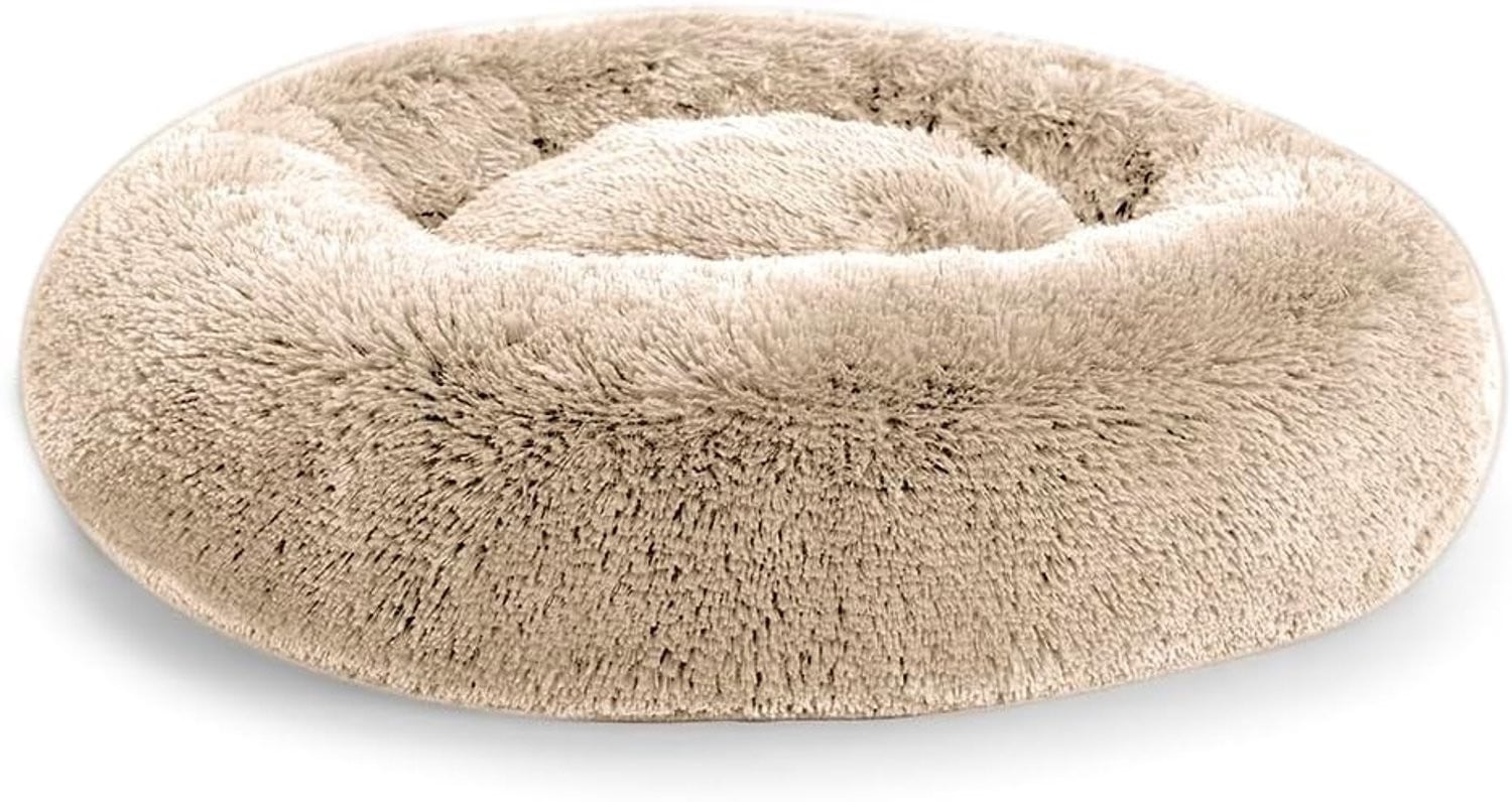 Fluffy Donut Kussen voor Honden en Katten, Wasbaar Pluche Dierbed, Crème, Ø60 cm