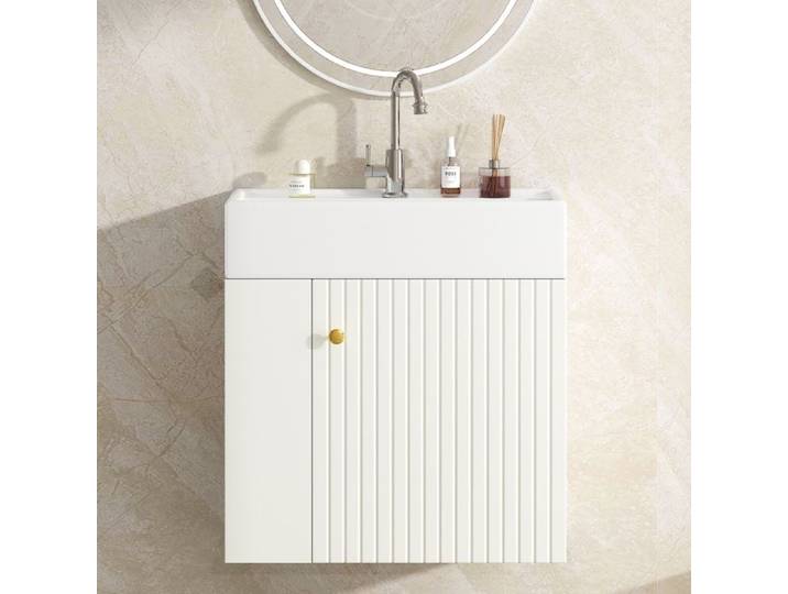 Meuble sous-lavabo mural - HIBA - 55 cm - Blanc - Lavabo céramique - Profondeur 31 cm