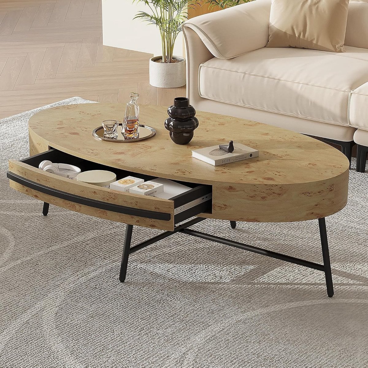 Moderne ovale salontafel met opberglade en metalen poten in MDF voor de woonkamer