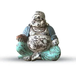 Vintage Blue Mint Hand Carved Buddha Statue - 30cm - Happy Buddha