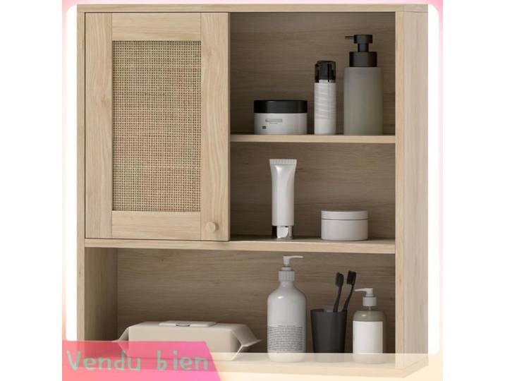 LIA Armoire murale salle bain rotin bois naturel porte coulissante étagères