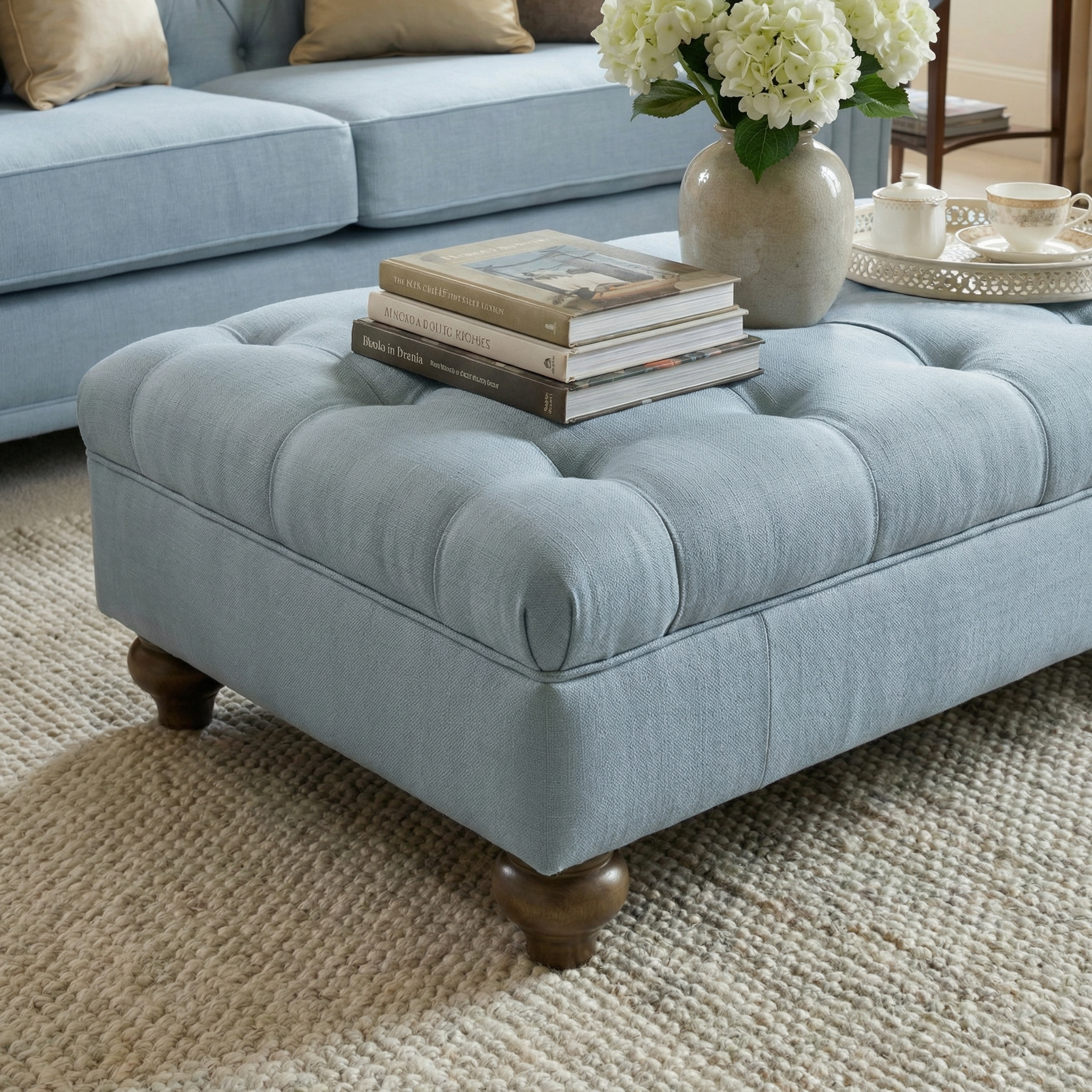 Sofa Style Chesterfield Footstool in Sky Blue