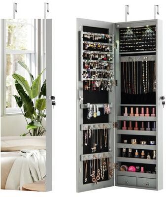 Costway Wall and Door Mounted Mirrored Jewelry Cabinet with Lights-Gray