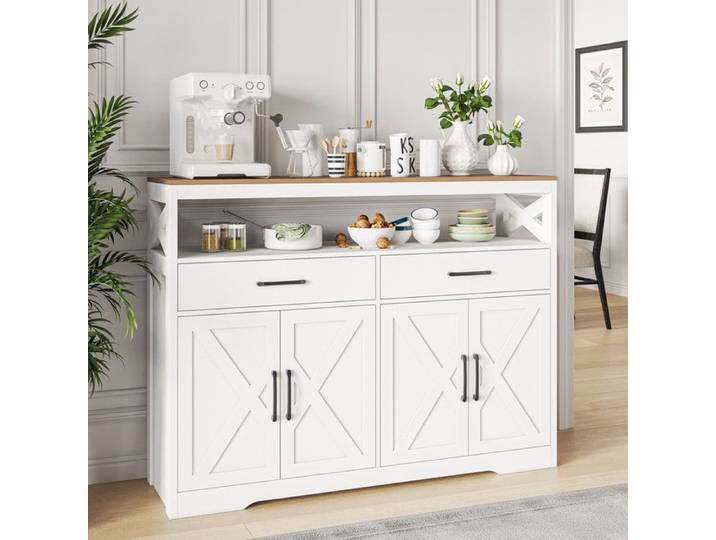 Buffet moderne - 4 portes 2 tiroirs - Buffet de salon - 140x40x105 cm - Buffet de cuisine - Bahut blanc - Style campagnard