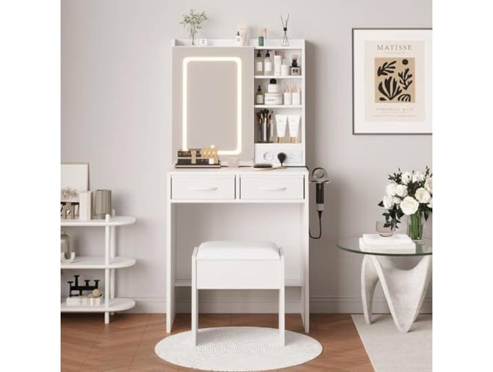 IDEALHOUSE Schminktisch mit LED Beleuchtung, Einstellbarer Helligkeit integrierter Stauraum, gepolsterter Hocker, platzsparendes Design für Schlafzimmer, Schwarz oder Weiß