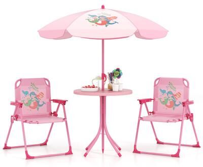 Costway 4 Pieces Kids Picnic Set with 2 Folding Chairs and Height Adjustable Umbrella-Pink